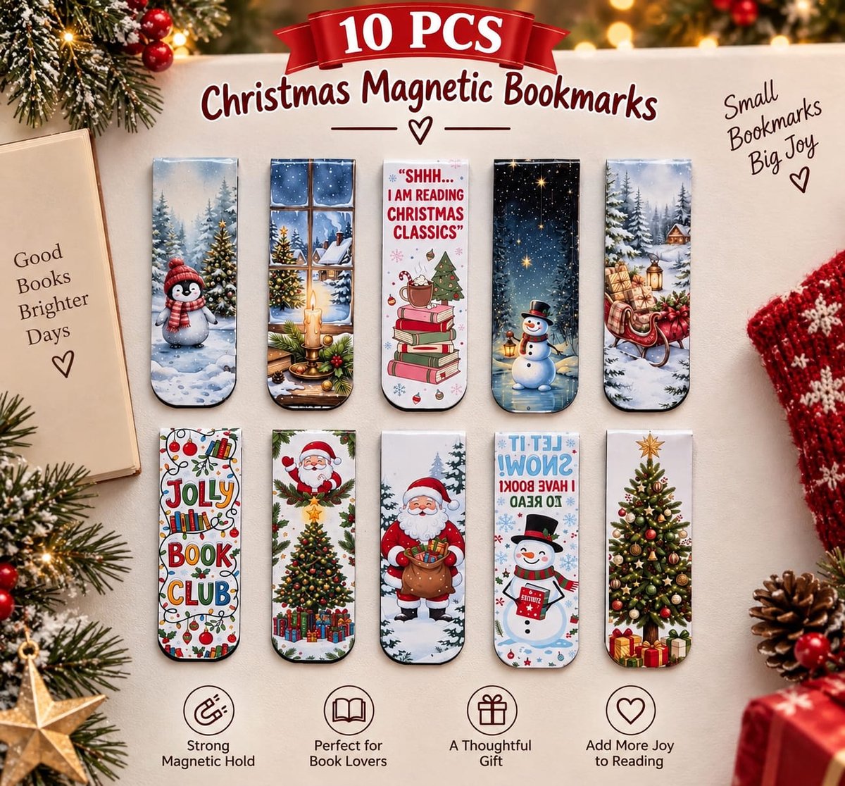 Viwado® Magnetische Kerst Boekenleggers 10 Stuks – Kerstmis Leesmarker Set met Sneeuwpop, Kerstman, Kerstboom en Winterse Motieven – Pagina Markeerders voor Boeken – Kerstcadeau voor Boekenliefhebbers en Lezers