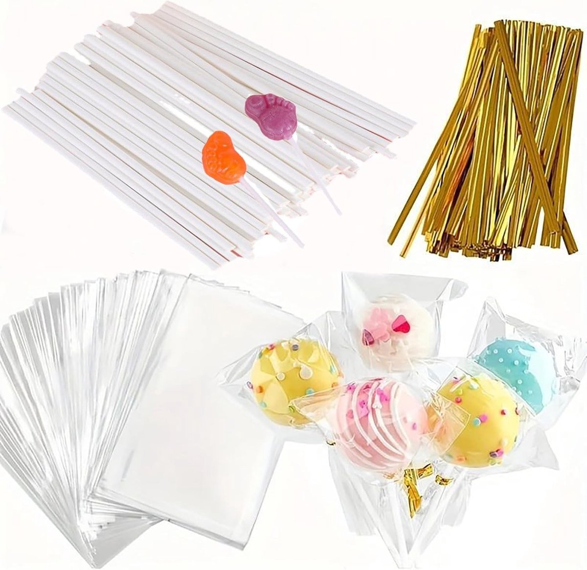 Cake Pop Sticks en Wrappers Kit - Wit - 15 cm - Papier Lollystokjes met Doorzichtige Snoepzakjes en Gouden Twistbanden
