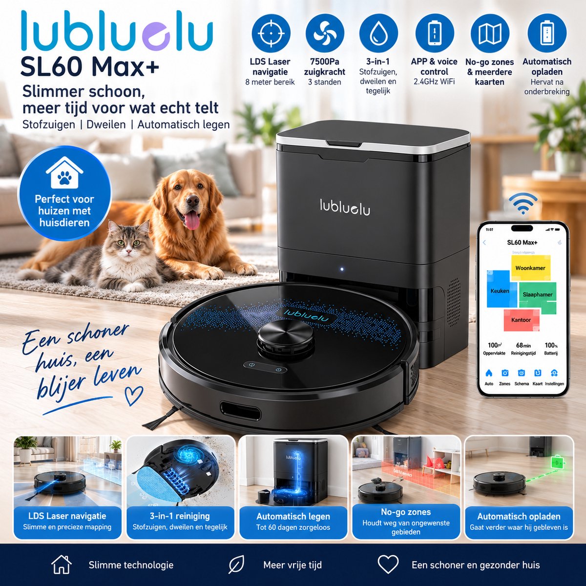 Lubluelu SL60 Max+ Robotstofzuiger met Dweilfunctie – 7500Pa – LDS Lasernavigatie – Automatisch Legen – App & Spraakbediening