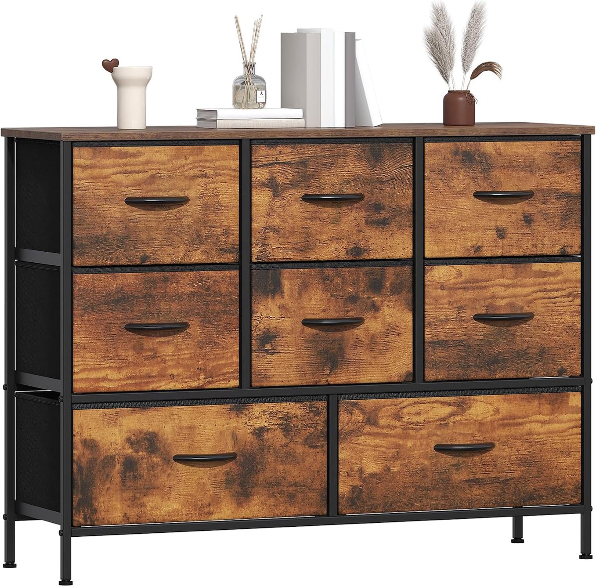 Industriële ladekast met 8 stoffen lades - Vintage bruin/zwart - Voor slaapkamer en hal - MDF blad en verstelbare voetjes - 100 x 30 x 76 cm