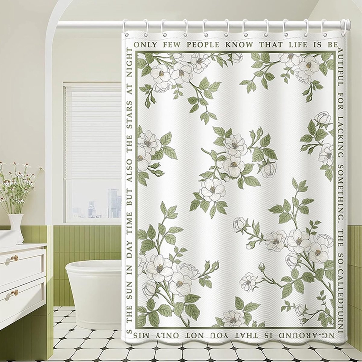 Douchegordijn, 180 x 200 cm, schimmelwerend, douchegordijn, bloemenpatroon, waterdicht, polyester, badgordijn, wasbaar, met 12 douchegordijnringen