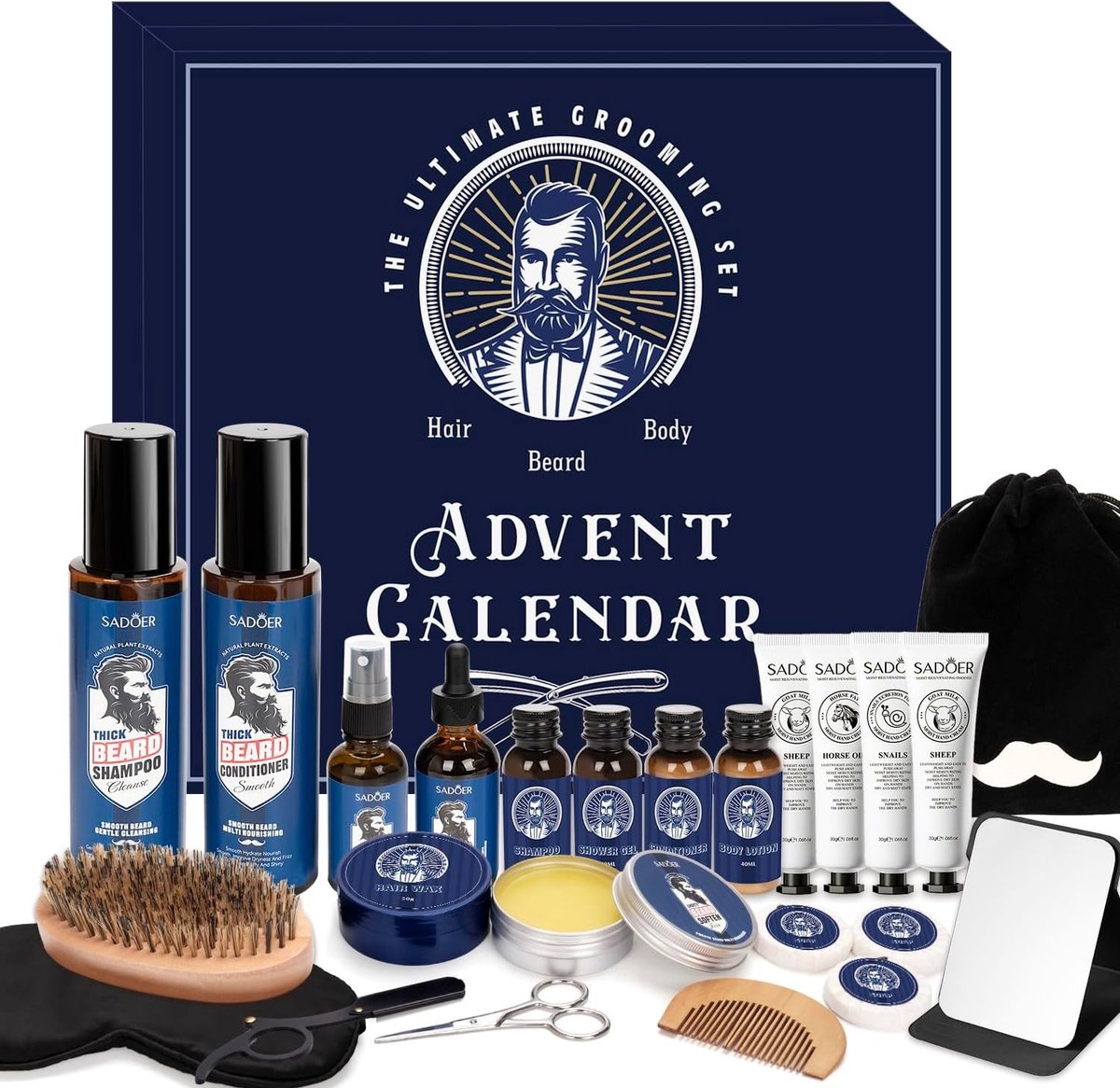 Adventskalender voor Mannen - 24-delige Baardverzorgingsset - Voor Baard, Gezicht en Haarverzorging - Perfect als Kerstcadeau
