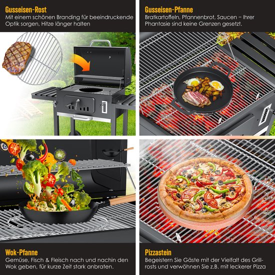 KESSER® Houtskoolbarbecue XXL Barbeque Houtskool met Deksel, Wielen, Afdekkap, Roestvrij Stalen Handvat, Barbecuerooster en Thermometer, 8 Spiesen met Zakje & siliconen Borstel, grote BBQ Camping Terras Tuin van KESSER — afbeelding 4