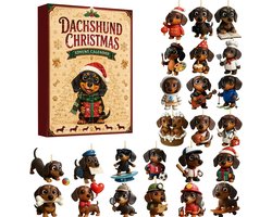 Dachshund Kerst Adventskalender 2026- 24 stuks 2D platte acryl kersthangers met schattige teckels in diverse outfits- aftelkalender voor kerstboom en huisdecoratie- leuk cadeau voor hondenliefhebbers