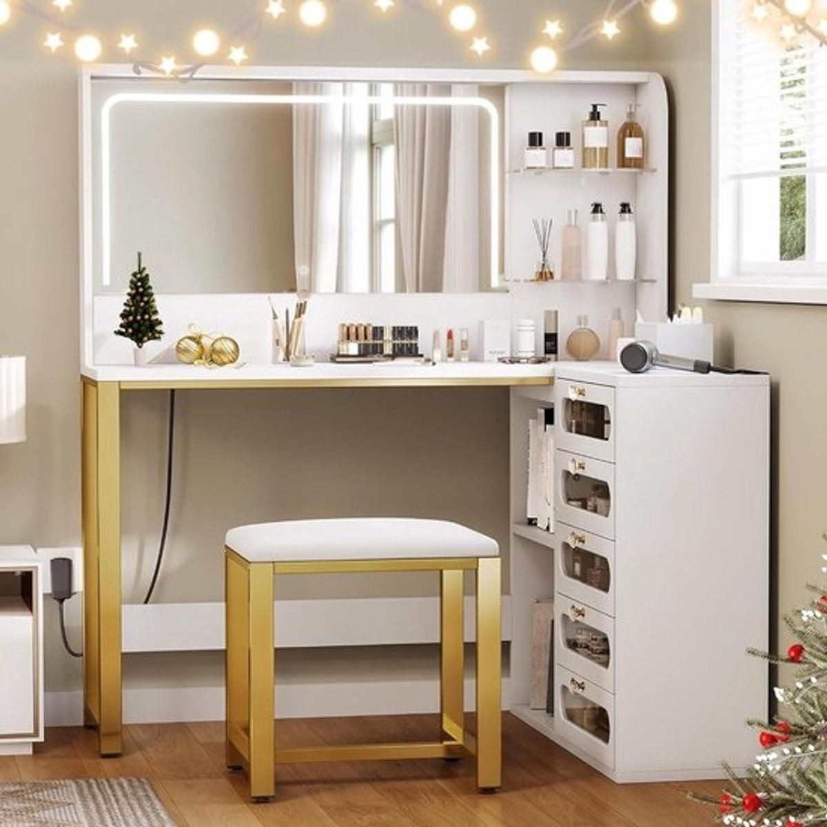 Kaptafel met Verlichting - Kaptafel met Spiegel - Make-up Aanbrengen - Instelbare Helderheid - 80 x 120 x 135 cm