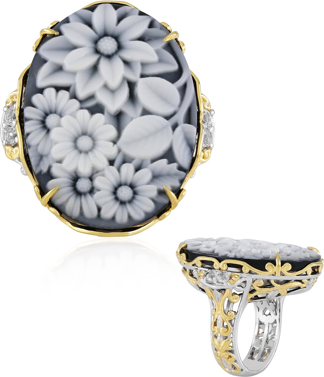 Cavill - Zilveren ring met zwarte agaat 16,13 ct - 925 sterlingzilver met palladiumafwerking - elegante ring met zirkonia - bloemmotief - maat 17