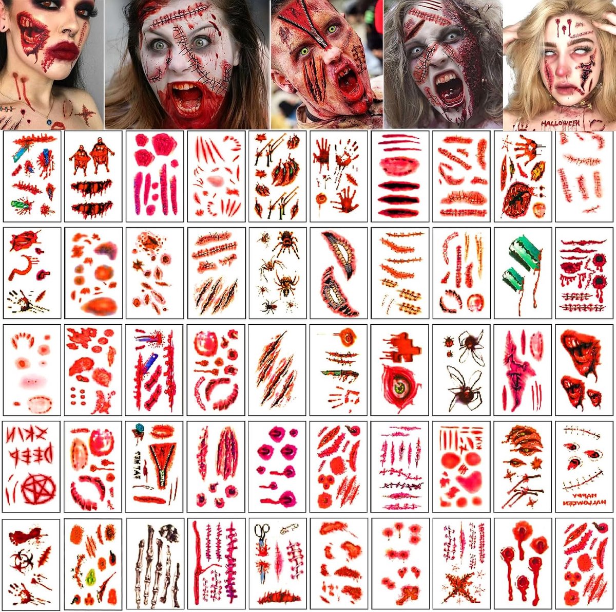 Tijdelijke Halloween-tattoostickers, tijdelijke tatoeages, waterdichte spinnen, littekens, krassen, horrormond-stickers, vampierkostuum, accessoires voor kinderen en volwassenen, make-up