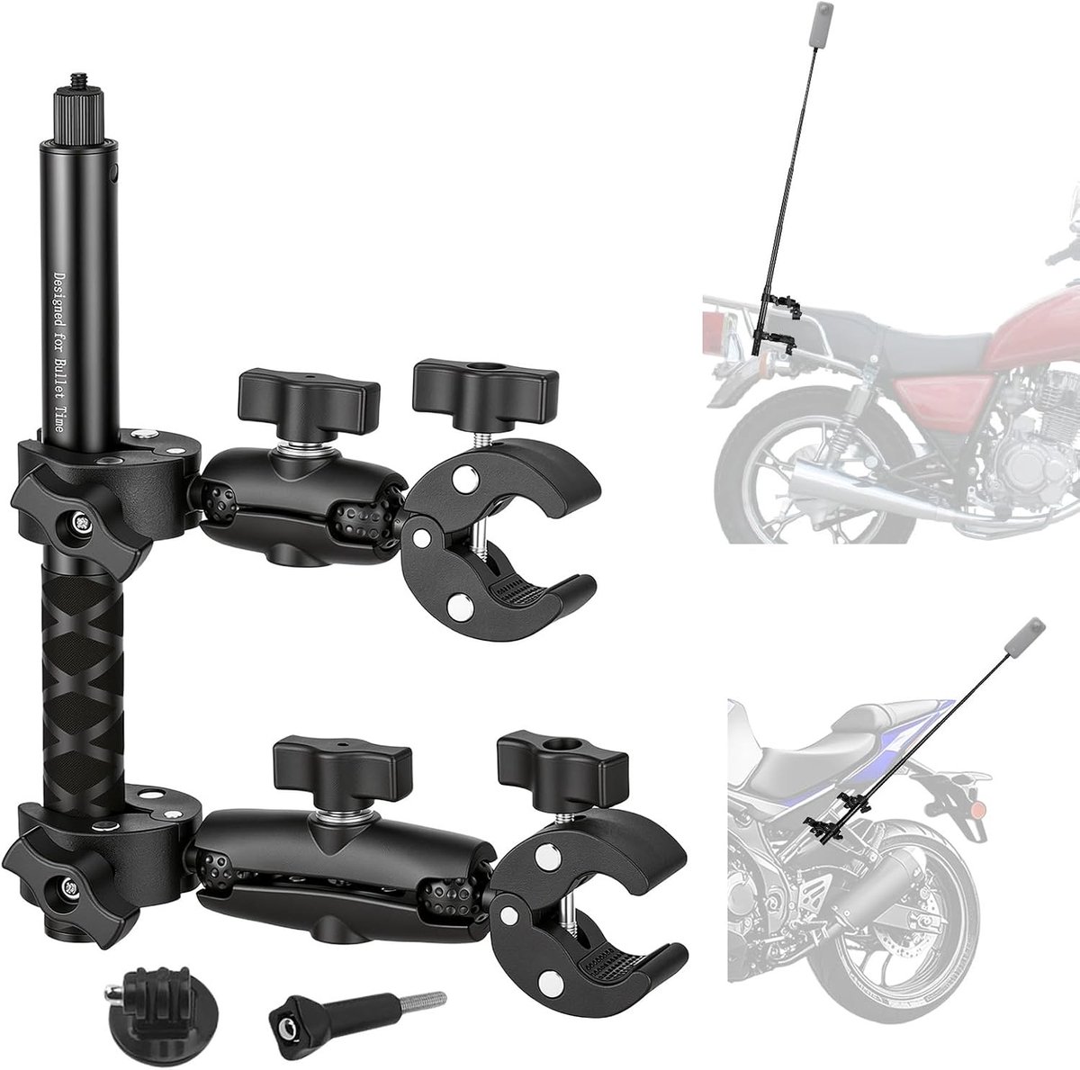 Verstelbare Actiecamera Houder voor Motorfiets met Dubbele Klem en 120cm Selfie Stick - Compatibel met GoPro, Insta360 en DJI Action Camera's