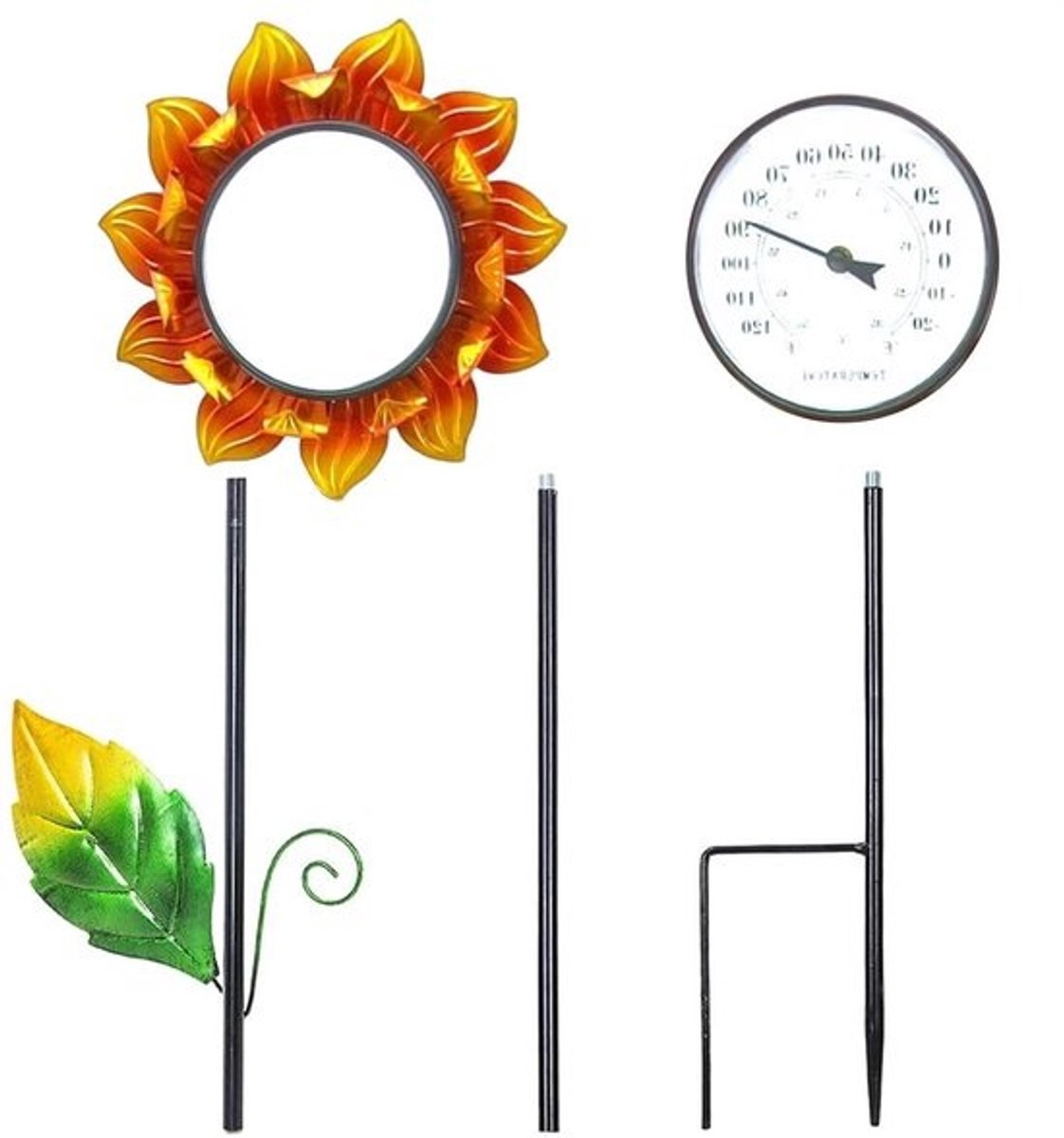 Tuinthermometer Zonnebloem - Buitenmeter Decoratie - Temperatuur Meten - Metalen Wandmontage - 102 cm Lengte - Geel