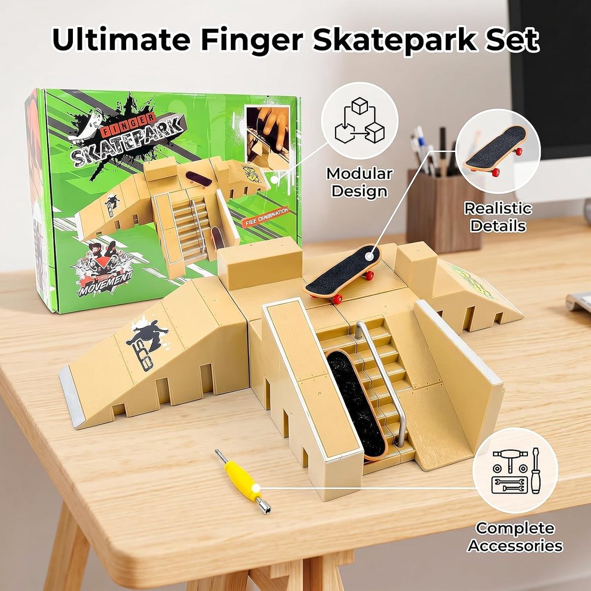 Vijfdelige set met accessoires voor finger skateboards en skateramps voor optimaal speelplezier