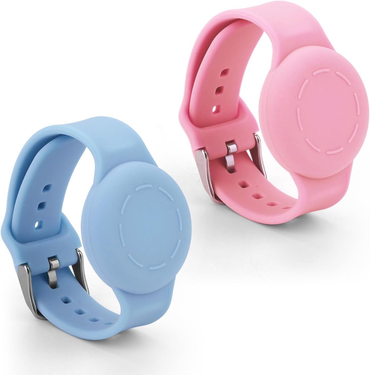 2st Kinderpolsband voor Airtag, Waterdicht Siliconen Armband voor Kinderen Verstelbaar Zacht Horlogeband voor Airtag voor Peuterkind GPS Tracking Tagging(Lichtblauw, Roze)