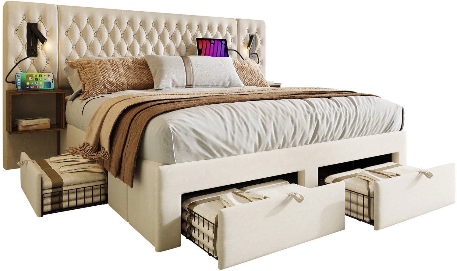 Merax Gestoffeerd Bed 160 x 200 cm - Fluweel Beige - 2 Nachtkastjes - 4 Opbergladen - Leeslampen - USB En Type C - Houten Lattenbodem