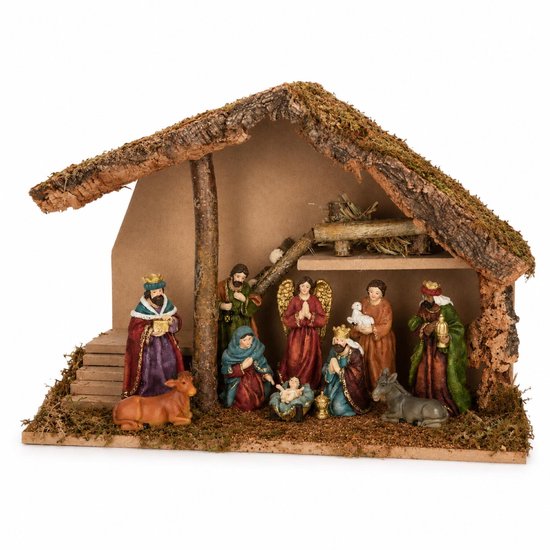 Complete kerststal - 39 x 19 x 28 cm - met 10 kerstbeeldjes - kerstdecoratie stal