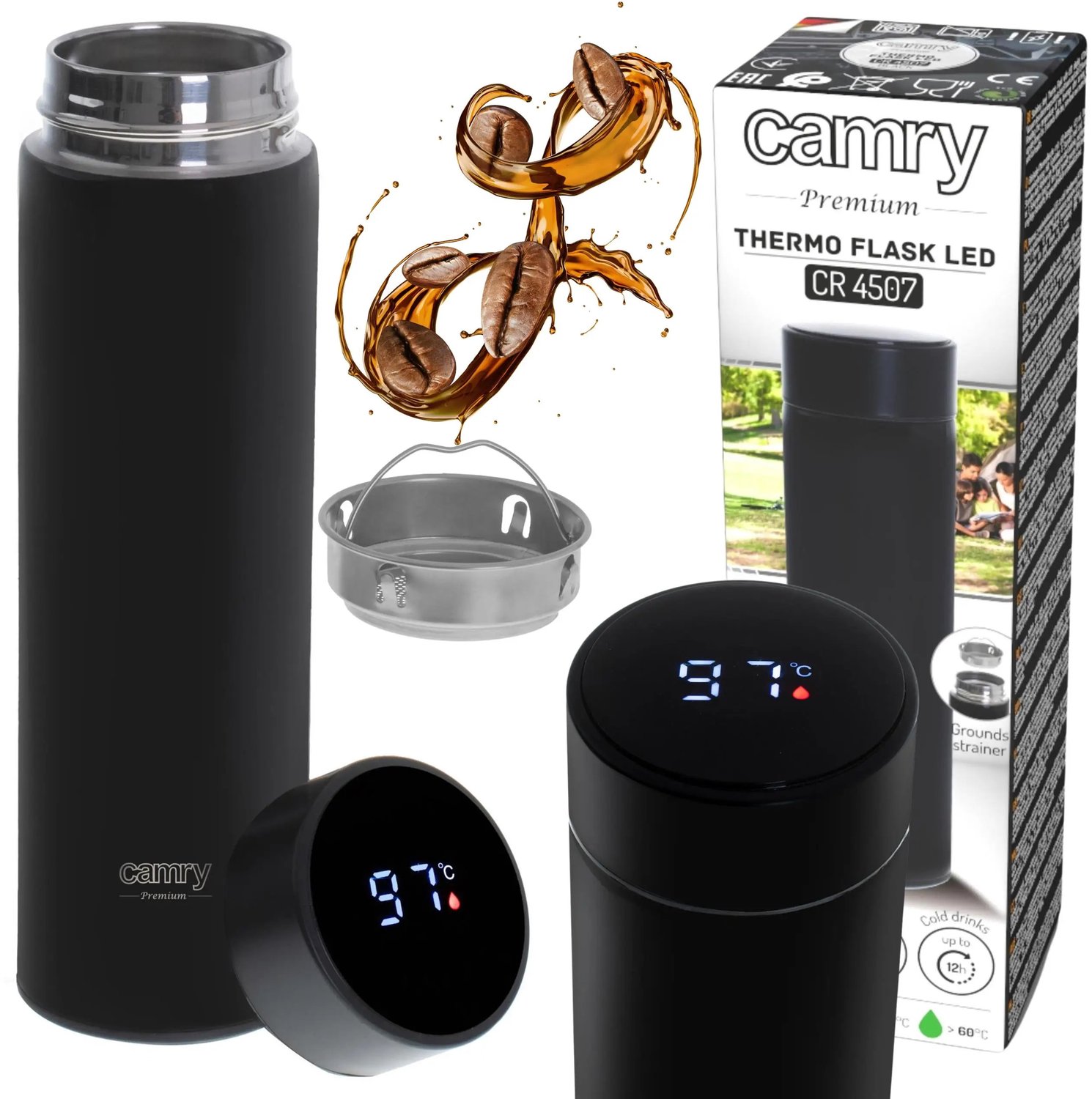 DeltaMerch Thermosbeker - Thermoskan - RVS 304 - 473 ml - BPA-vrij - LED Temperatuurdisplay - Dubbelwandig - Met Theezeef - Zwart