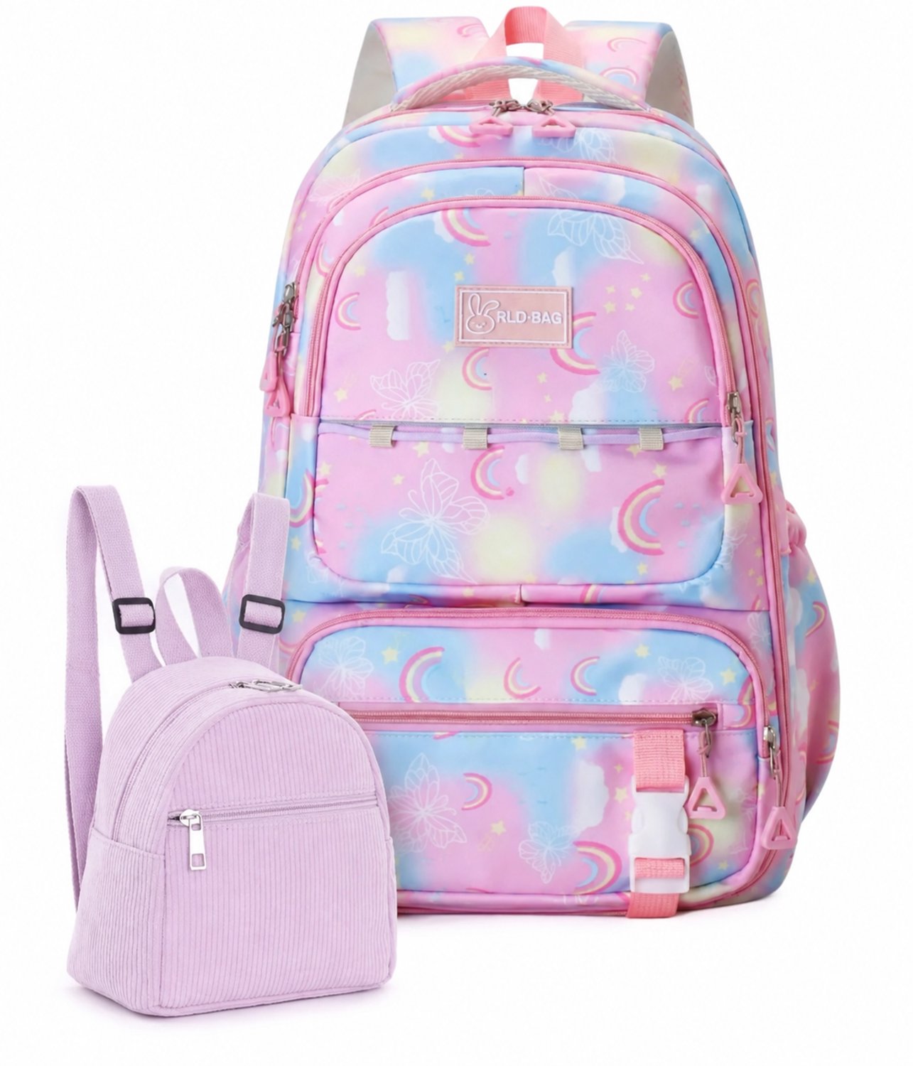 Ultiluxe® Rugzak met kleine rugzak - 2 stuks - Rugtas voor kinderen - Schoolrugzak, schoolrugtas, schooltas, 15.6 inch laptoptas - Meisjes tas met laptopvak - 2-delige tassenset voor meiden - Roze/lila/paars
