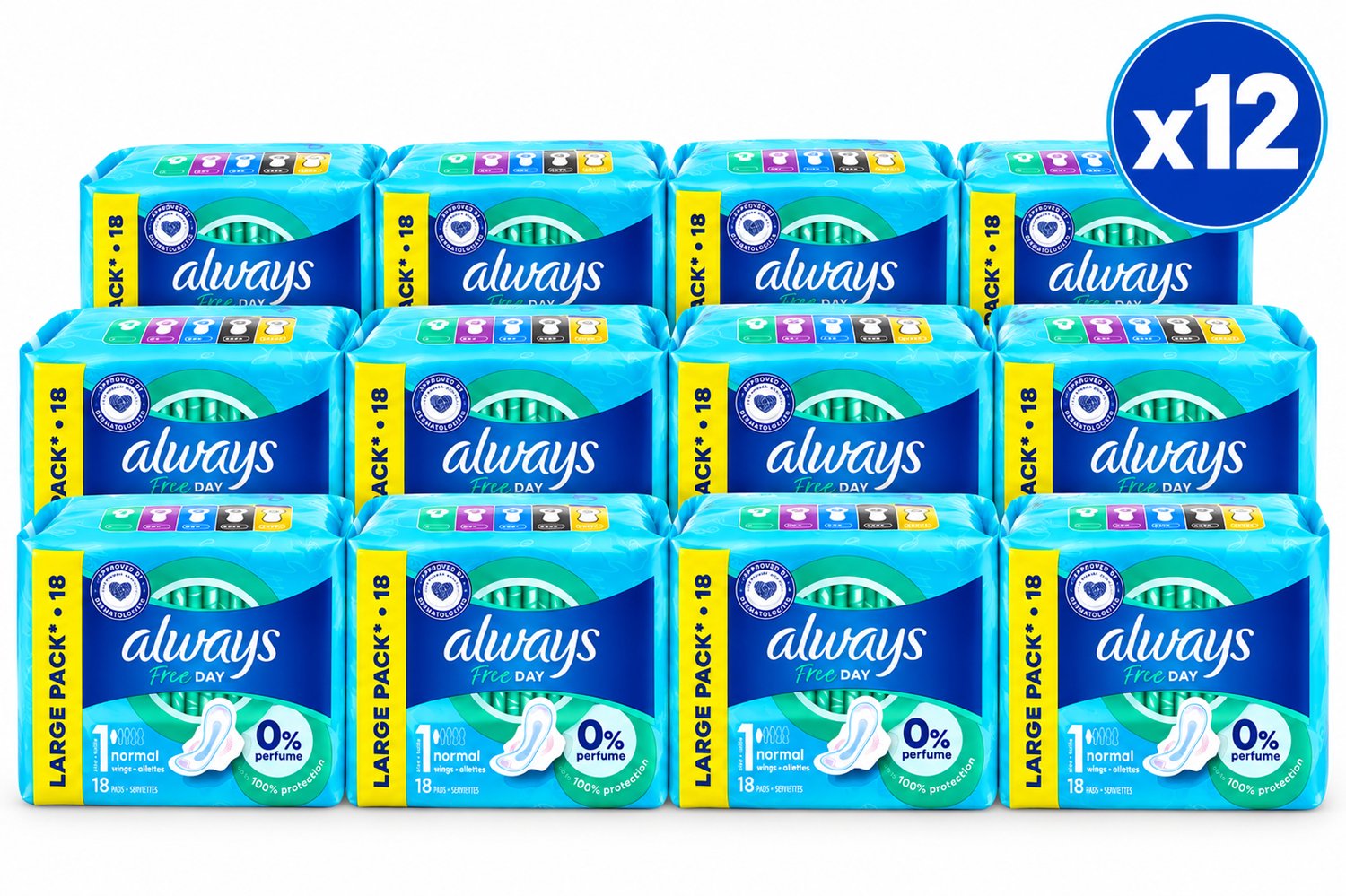 Always Free Day Normal Maandverband met Vleugels – 0% Parfum – 12 x 18 Stuks – 216 Maandverbanden – Voordeelverpakking