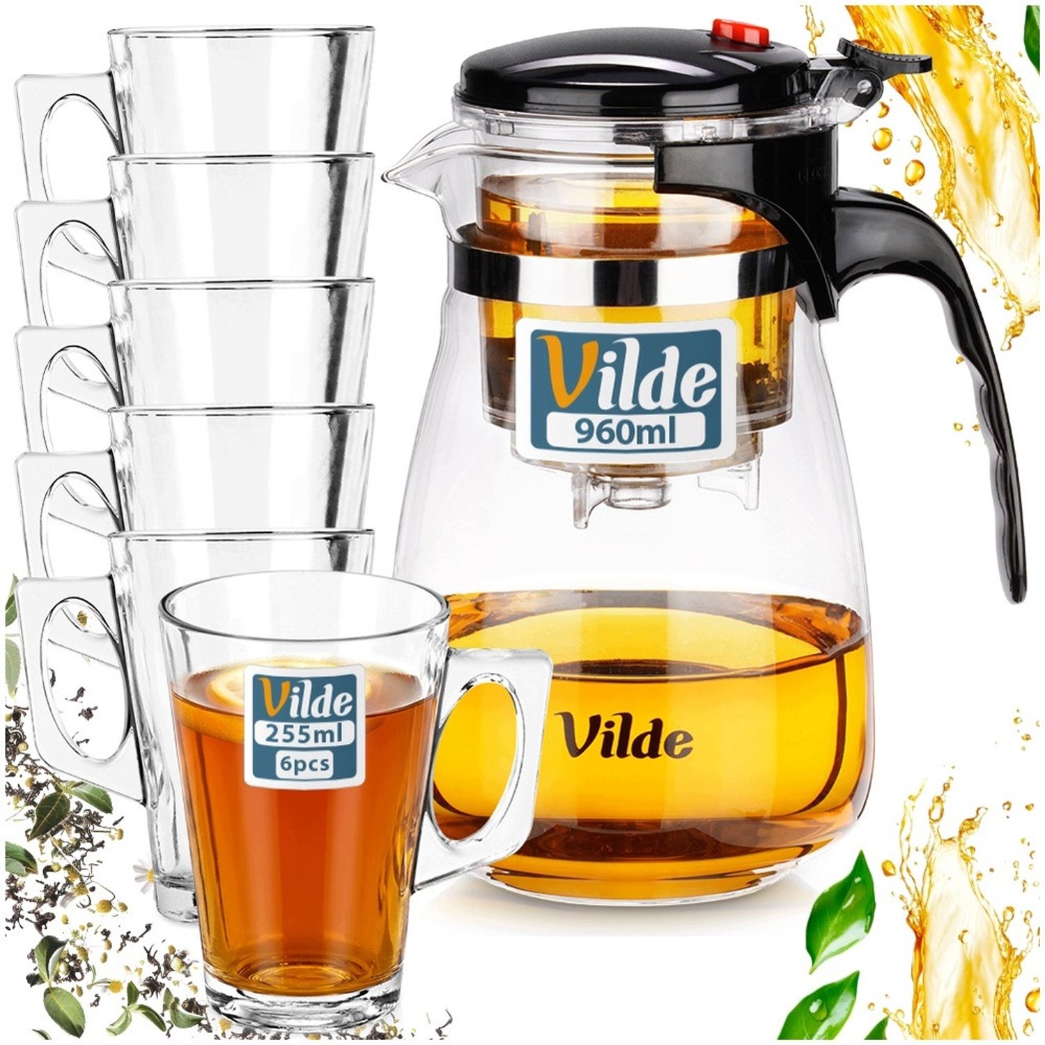 Glazen theepot met infuser 960ml & 6 glazen - Hittebestendig