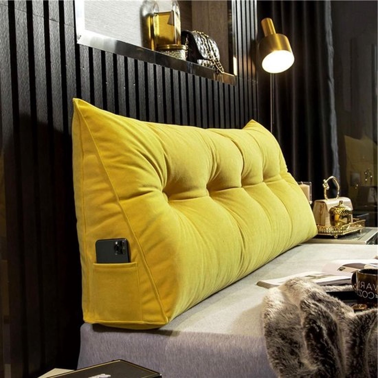 Driehoekig wigvormig hoofdkussen met afneembare hoes - Voor bed en daybed - Comfort en ondersteuning, 150 x 50 x 20 cm, stijlvol geel