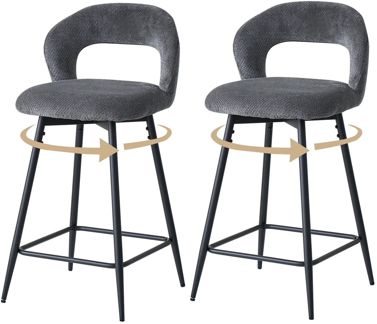 ArtiZo Barkruk set van 2 - keukenstoelen met rugleuning - linnen grijs - draaibaar - voetensteun - zwarte metalen poten - zithoogte 68 cm