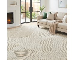 Woonkamertapijt Geometrisch Design - Dikpolig Antislip Crème 200x140 cm - Luxe Vloerkleed voor Hal