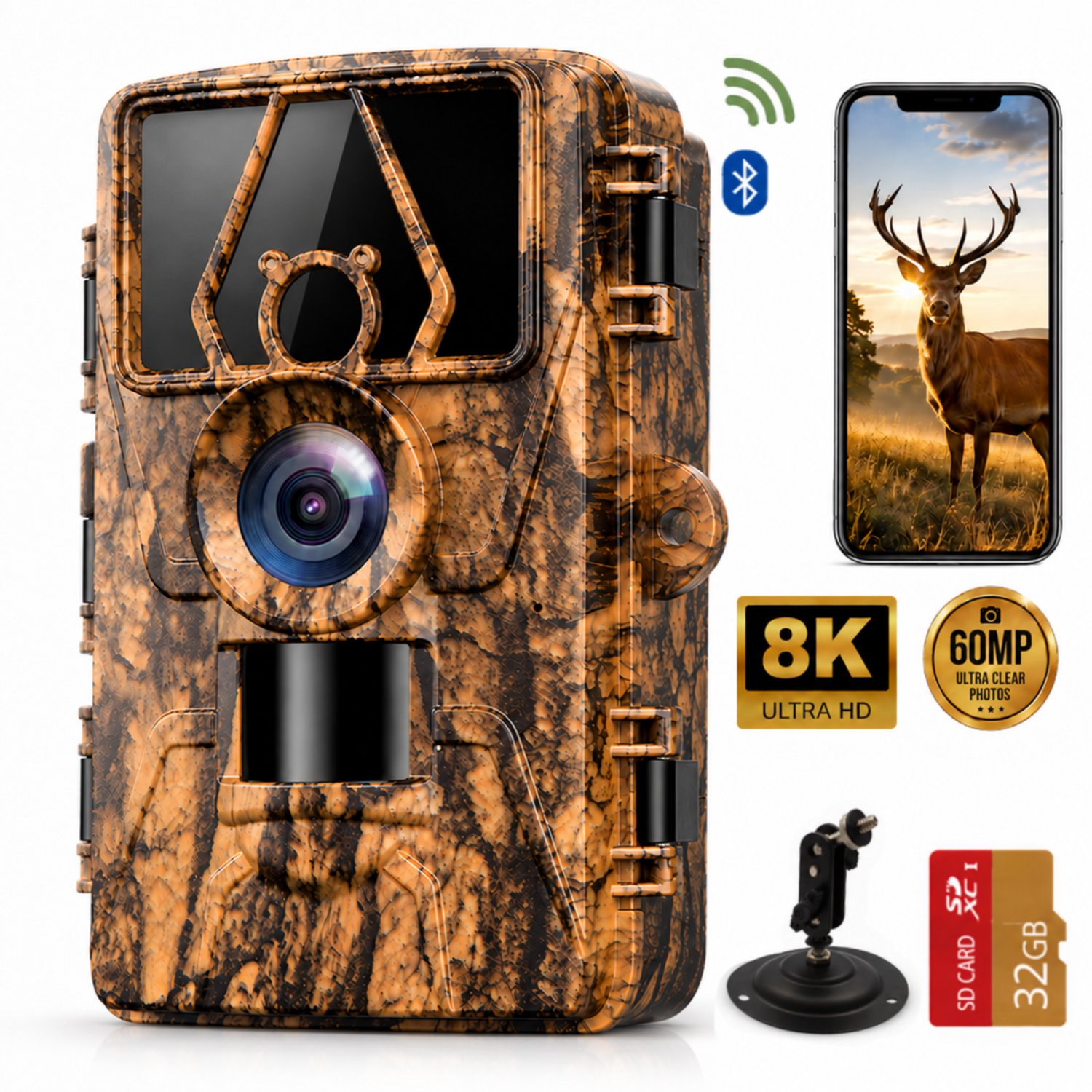 Wildcamera met Wifi App – 8K Ultra HD 60MP – No-Glow Nachtzicht – Incl. 32GB SD-Kaart – IP66 Waterdicht – Trail Camera voor Buiten