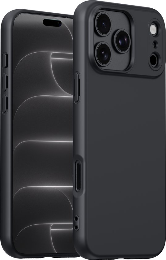 Coque de téléphone noire pour iPhone 17/18 Pro avec un écran incurvé en arrière-plan.