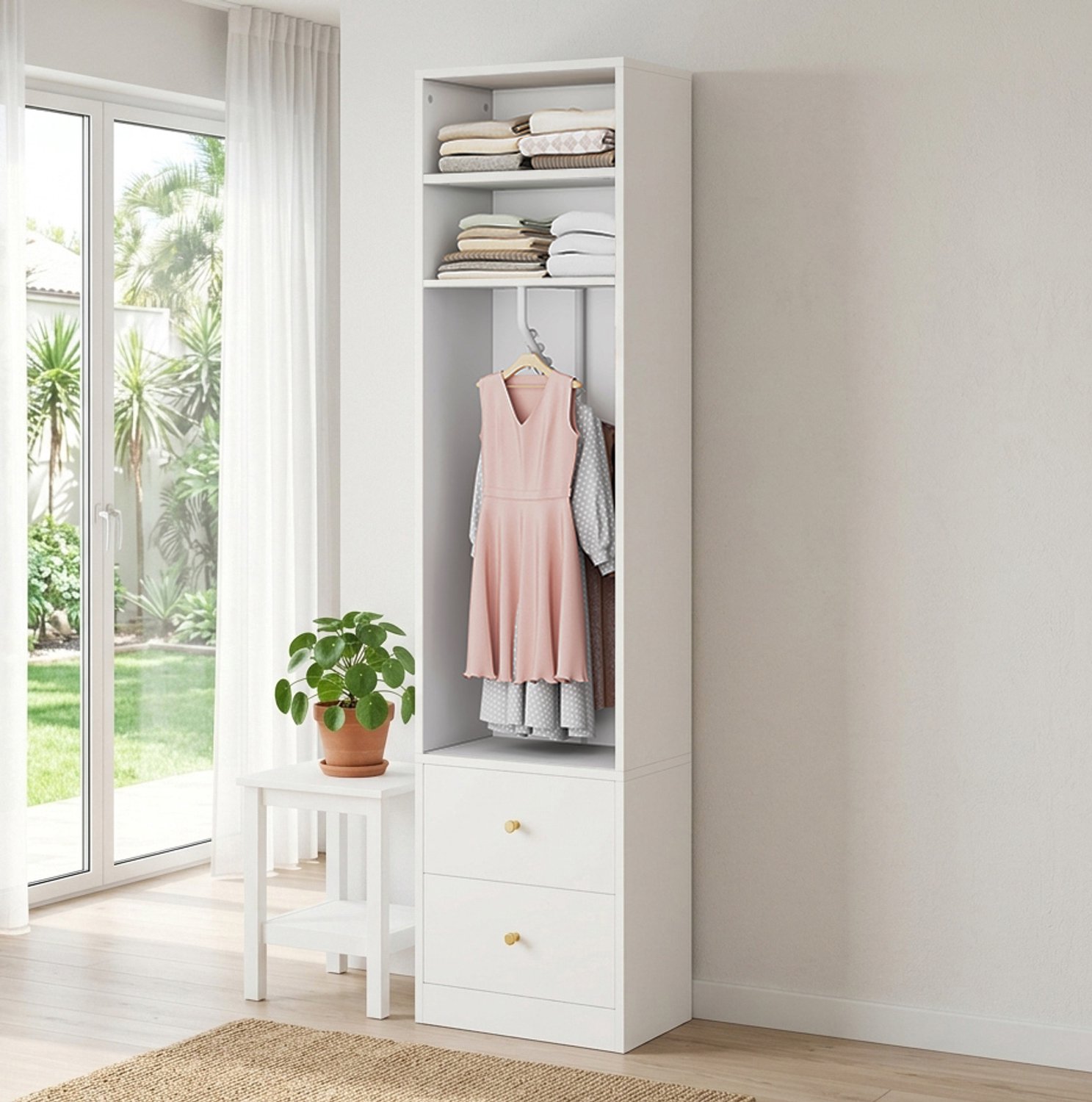 DESMIU Kledingkast - Smal Met 2 Laden En Kledingroede - Voor Slaapkamer En Kleedruimte - MDF En Staal - 50 x 30 x 200 Cm - Wit