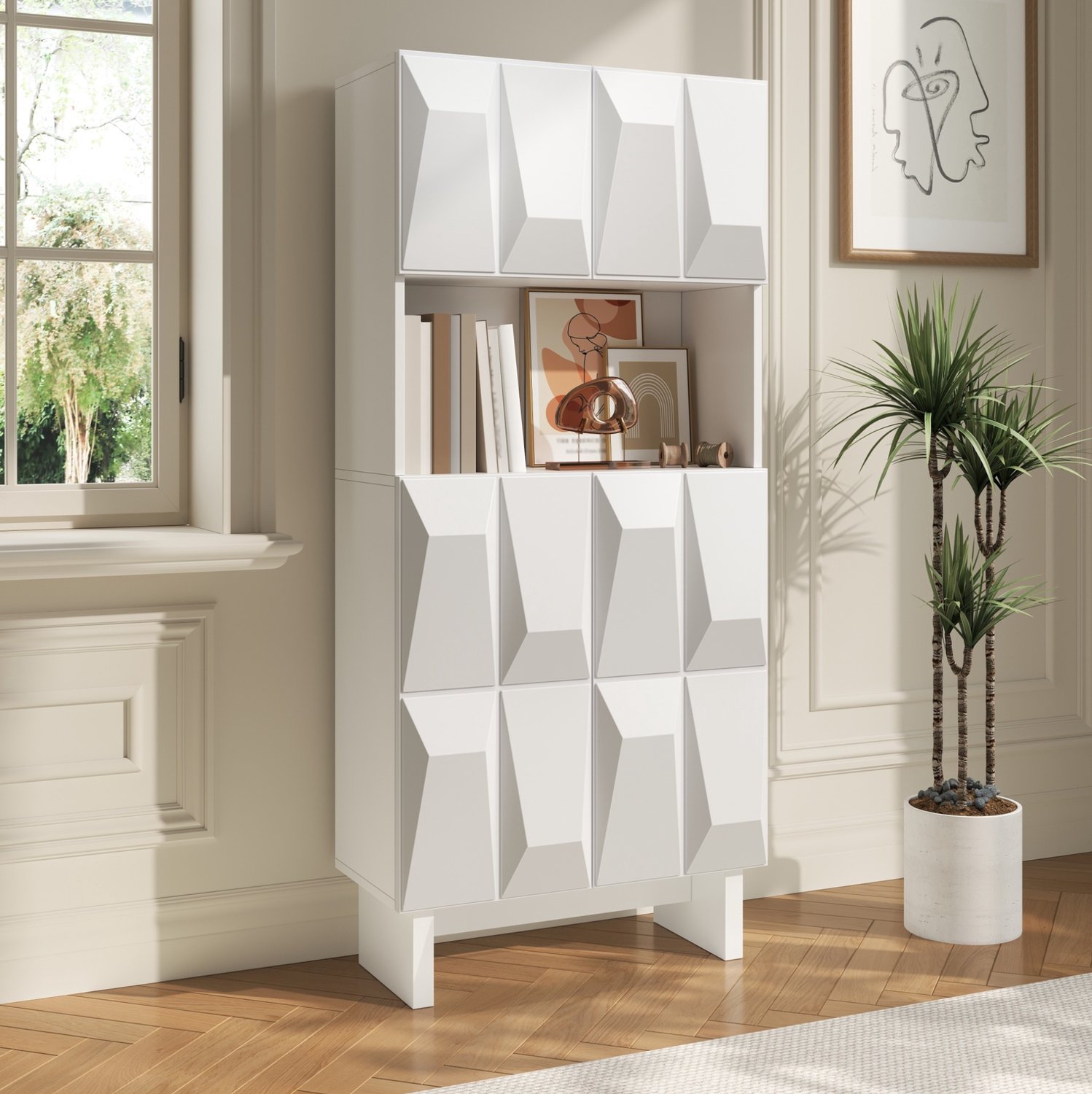 FloraGrace Vitrinekast - Vier Deuren Met Reliëf En Open Vak - Voor Woonkamer, Werkkamer En Hal - Spaanplaat - 60,5x34x135,5 Cm - Wit
