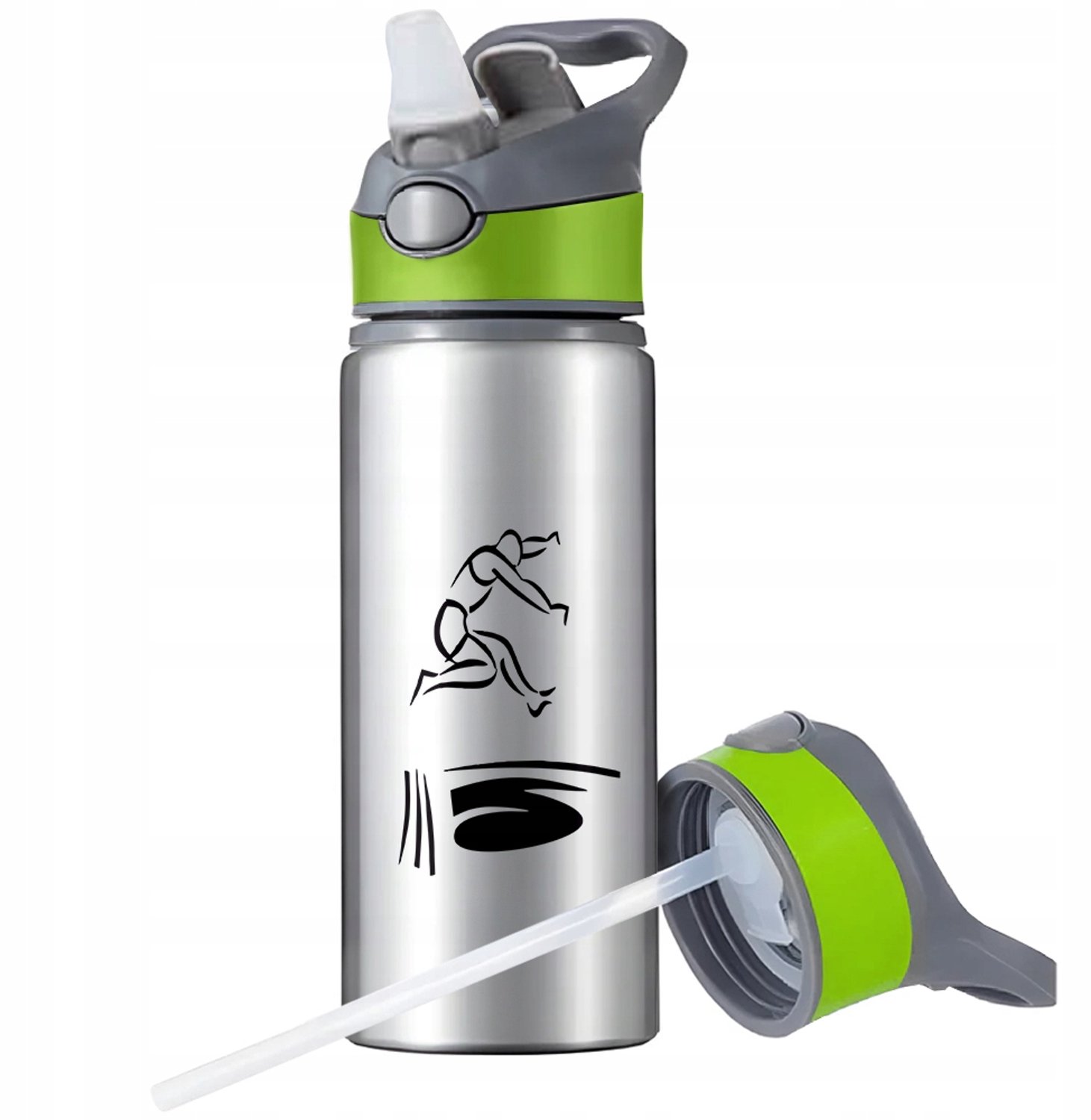 Aluminium Sport Bidon 650ml met Rietje en Handvat - Zilver