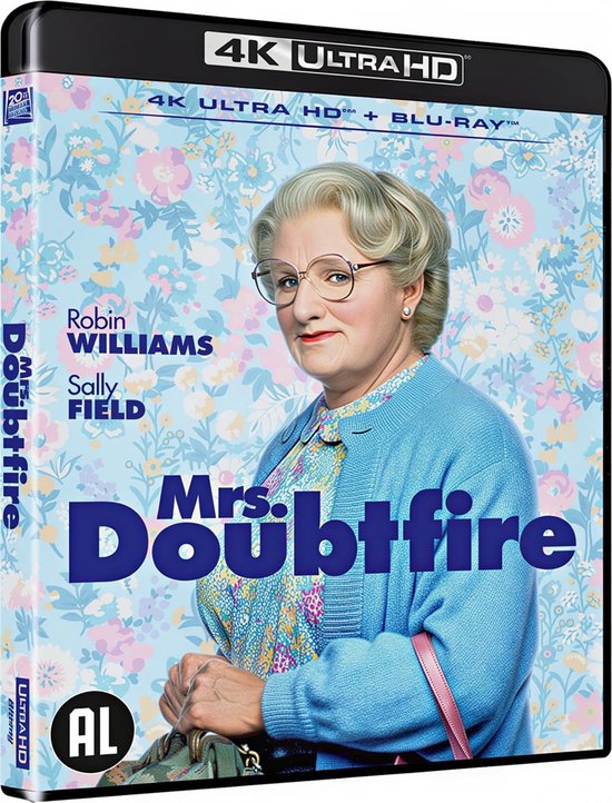 4K Ultra HD Blu-ray hoes van Mrs. Doubtfire met Robin Williams als Mrs. Doubtfire in een blauwe cardigan en bril.