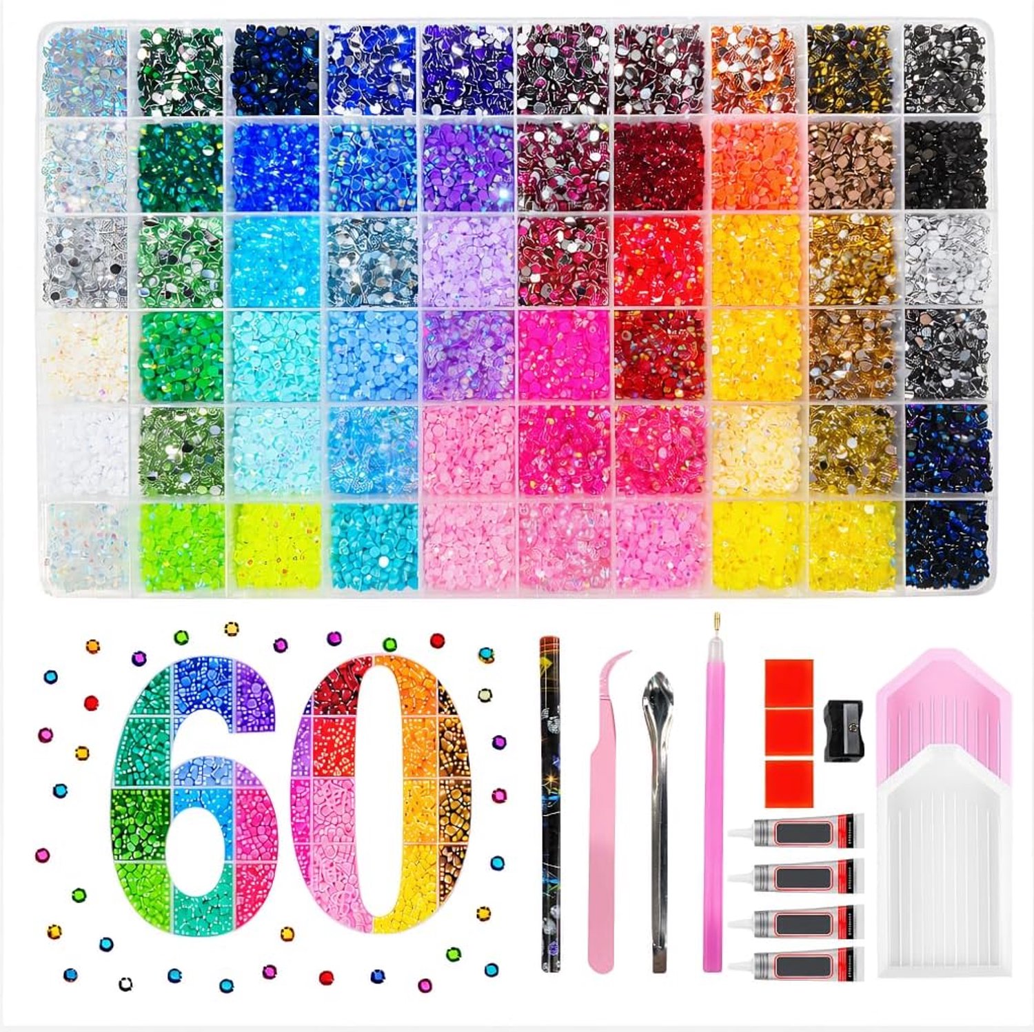 Luxe Strasssteentjes Set - 48.000 Stuks - 60 Kleuren - XXL DIY Rhinestones Kit met 3x 10ml Lijm, Pincet, Rhinestone Picker, Lijmwas en Opbergvakken - DIY Rhinestones & Plaksteentjes Kit - Voor nail art, Knutselprojecten en Telefoonhoesjes - TENGYIF®