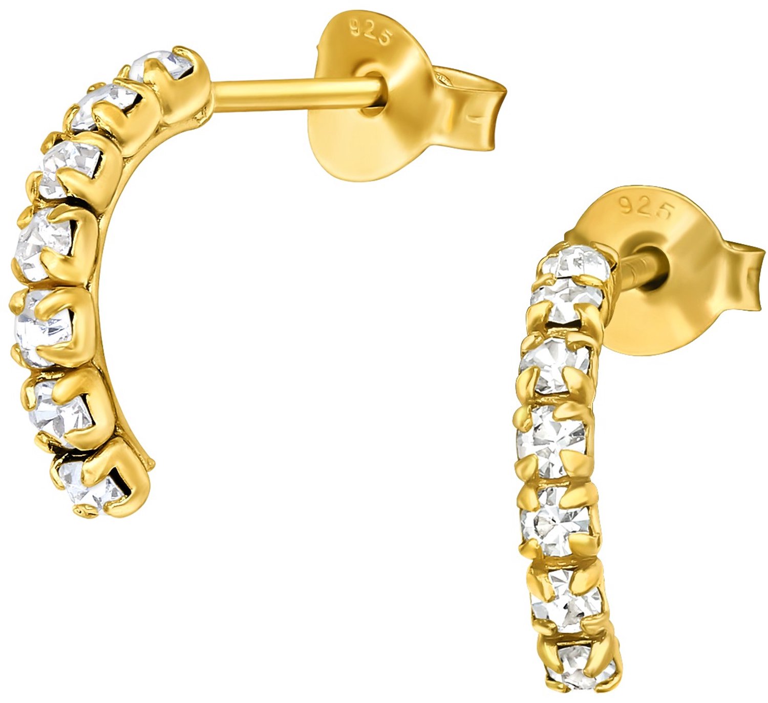 Joy|S - Zilveren oorbellen - 12 mm oorringen met zirkonia - 2.1 x 12 mm - halve maan oorringen - gold plated - sterling zilver 925 - dames oorbellen met vlindersluiting