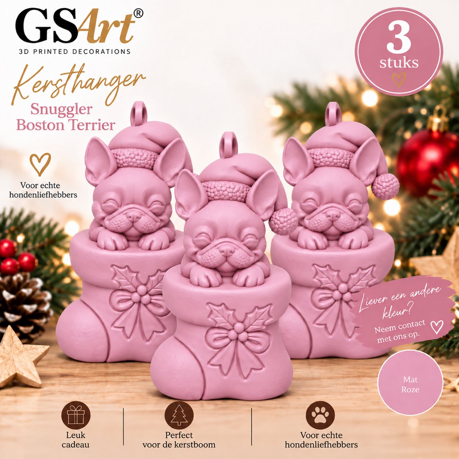 GSArt Kersthanger Hond Snuggler Boston Terrier 3 Stuks – 3D Geprinte Kerstboom Hangers – Mat Roze
