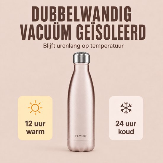 Dubbelwandige, vacuüm geïsoleerde lichtroze FLASKE fles: 12 uur warm, 24 uur koud.