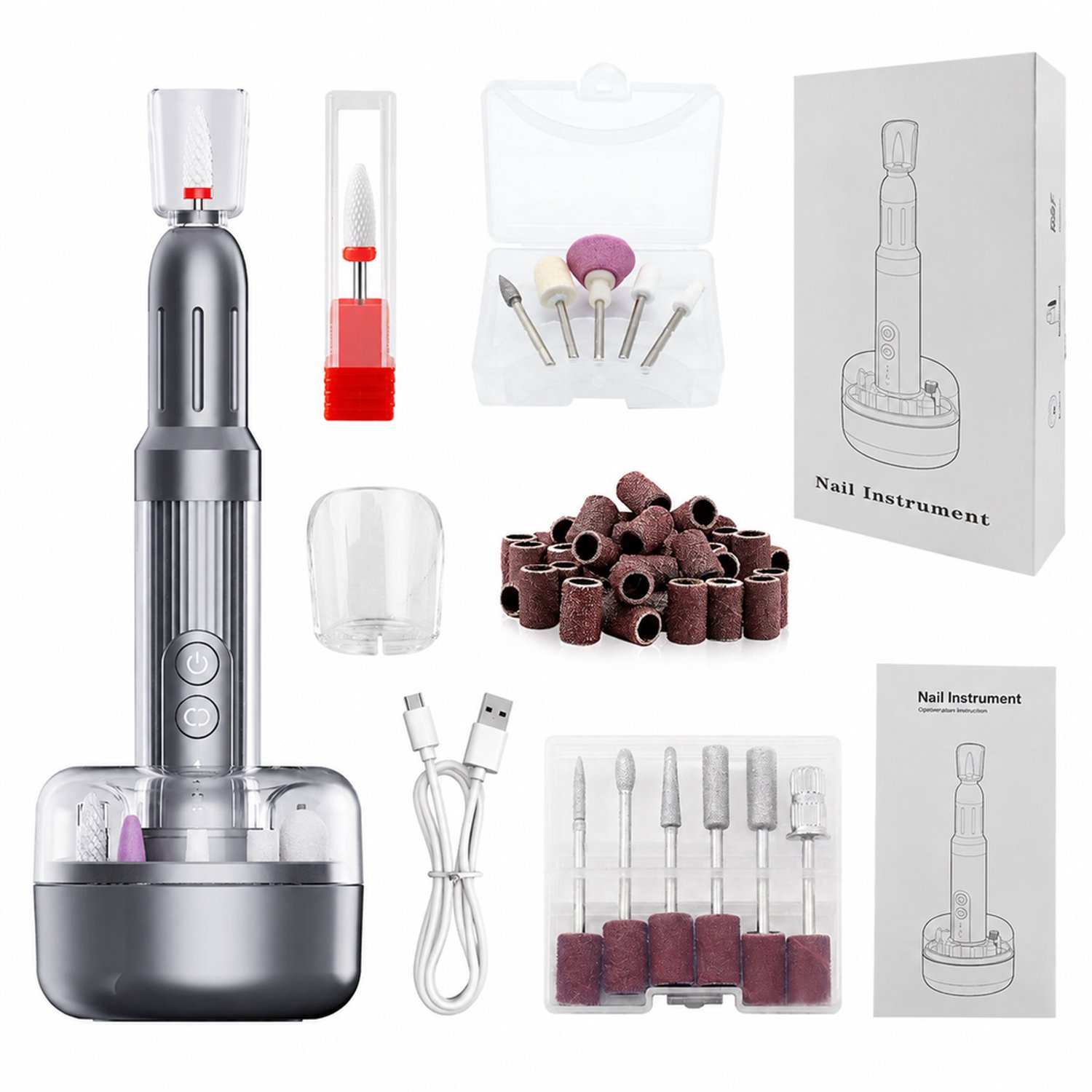 elektrische nageltrimmer - 12 slijpkoppen en 36 schuurbandjes - meerdere snelheden - oplaadbaar - grijs M8-model met basis
