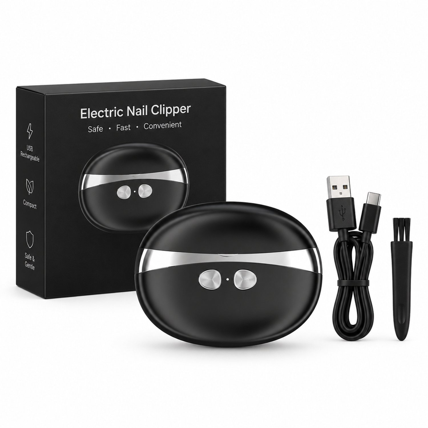 elektrische nagelknipper - USB-oplaadbaar - compact en minimalistisch - zwarte verpakking in het Engels - met USB-kabel en klein borsteltje