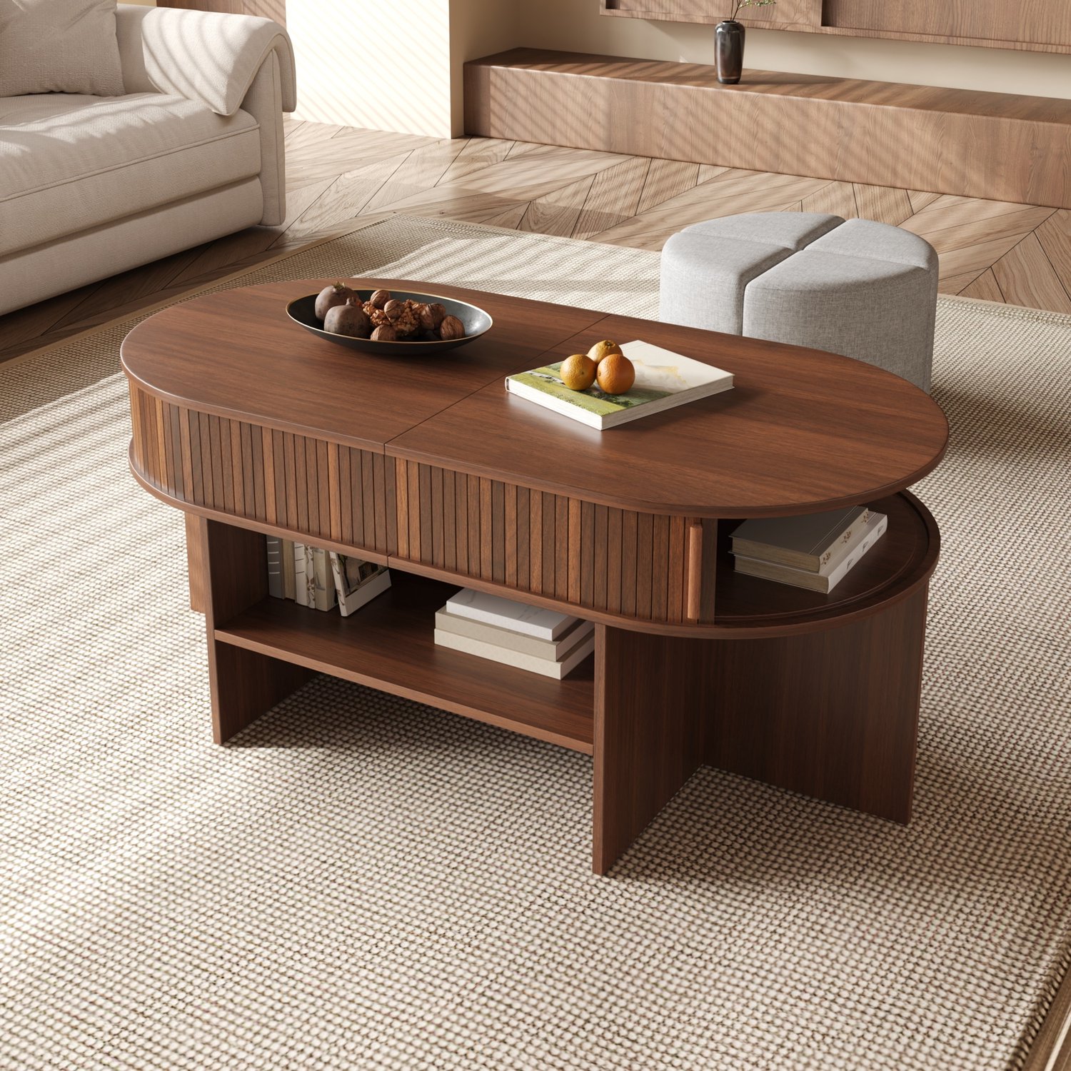 HAUSS SPOLE Ovale Salontafel Met Opbergruimte En Stoffen Krukken - Schuifdeuren Voor Woonkamer - MDF En Spaanplaat - 120x60x51,5 Cm - Walnoot