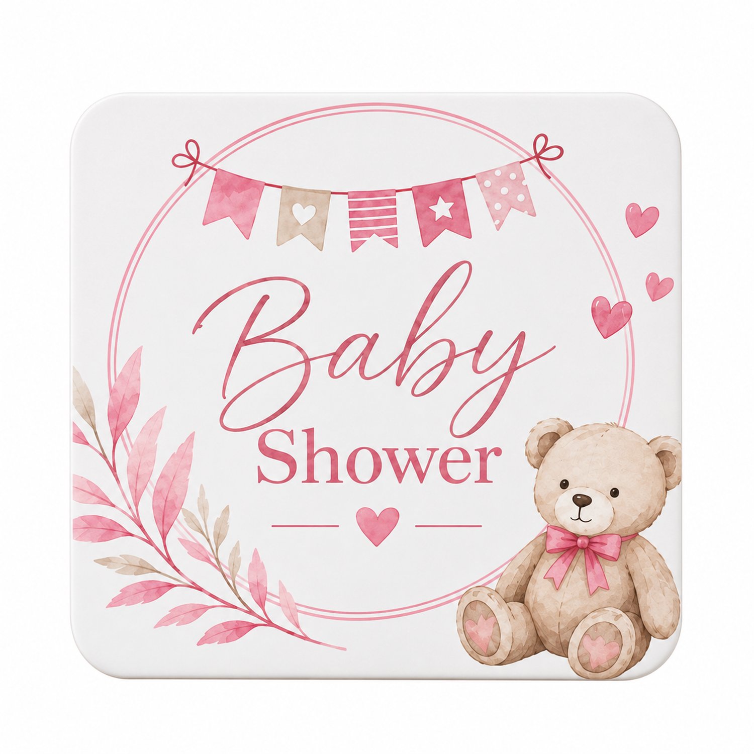 Baby Shower MDF onderzetter met Teddybeer – 10 x 10 cm – Roze Babyshowerdecoratie