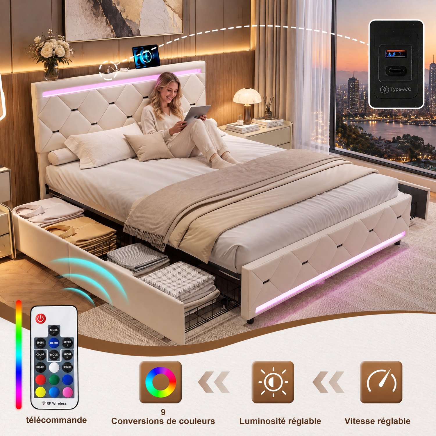 MEXUS Tweepersoonsbed 160x200 cm met 4 lades , LED-hoofdbord met 2 USB-poorten, bedframe met lattenbodem, gestoffeerd bed, bed voor tieners, Fluweel Beige