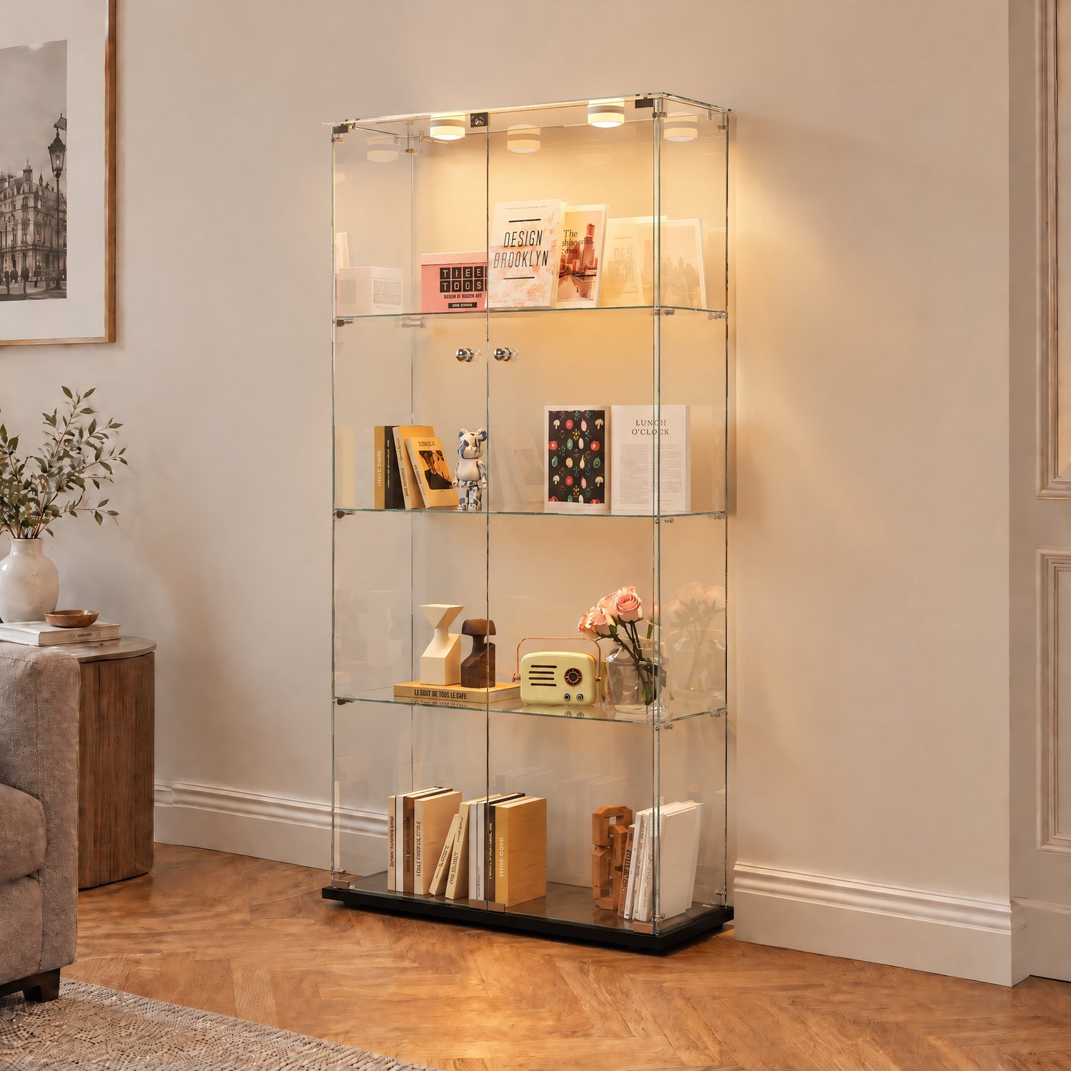 Glazen vitrinekast - Verzamelkast met LED-verlichting - 4 Planken en 2 Deuren - 78 x 35 x 163 cm - Standvitrine en slot - Zwart