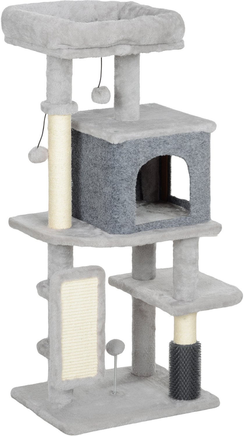 Pawona Krabpaal met kattenhuis, ligbed en krabpalen - 44 x 34 x 104 cm - Hellgrijs/Crèmewit