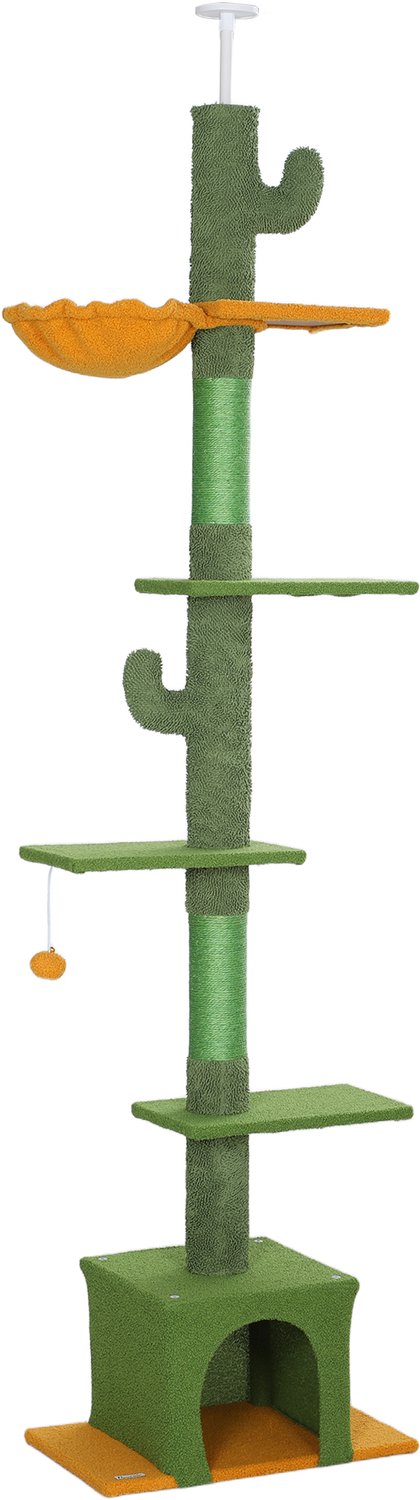 Pawona Plafondhoge krabpaal - Met hangmat, kattenhuis en speelbal - 55 x 34 x 230-275 cm - Groen