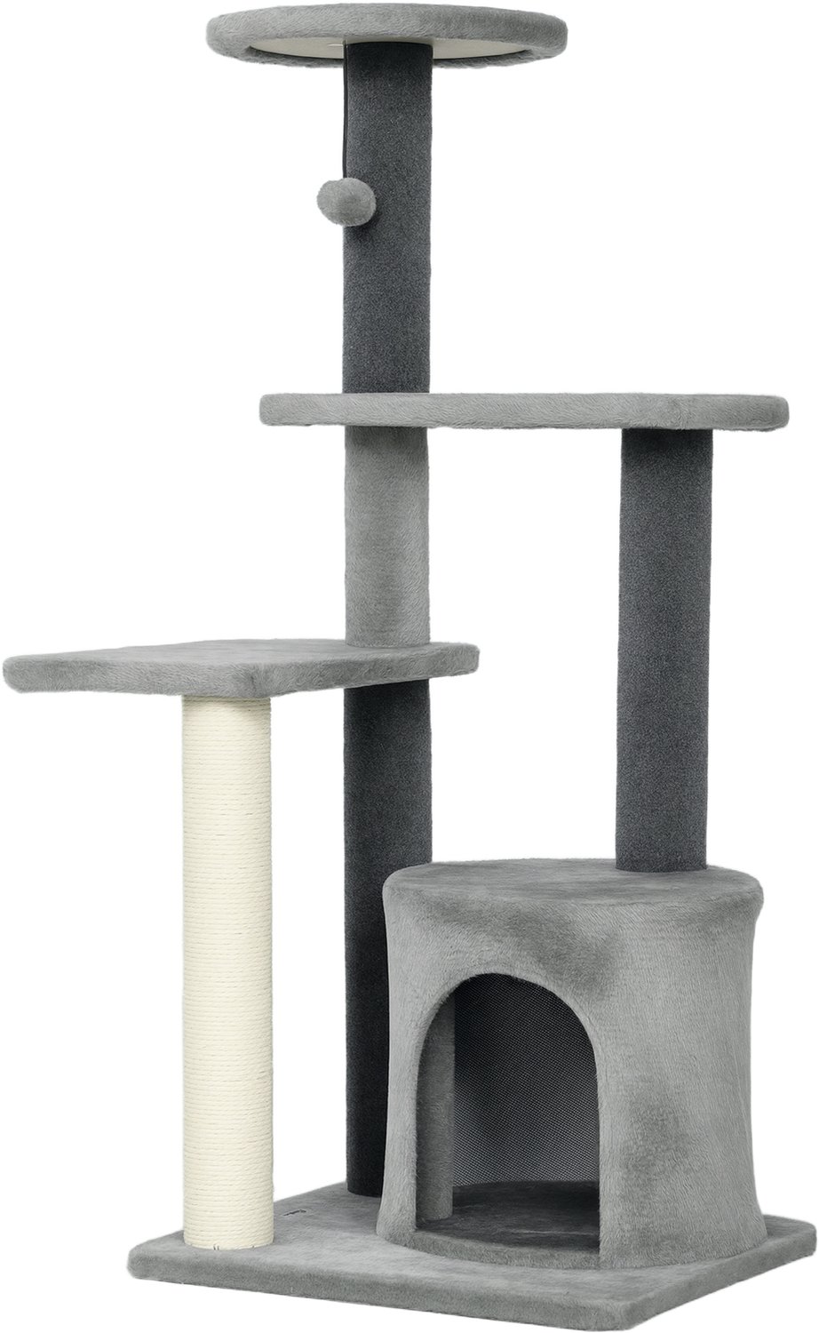 Pawona Krabpaal met kattenhuis - Met sisalstammen en pluche speelbal - 45 x 40 x 103 cm - Grijs/Crèmewit