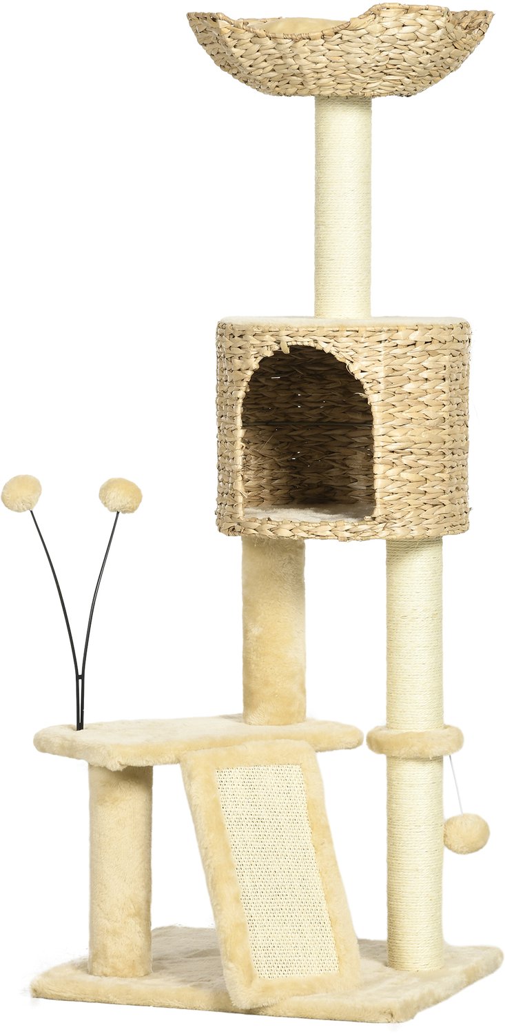 Pawona Krabpaal met kattenhuis, ligbed en speelbal - 45 x 40 x 116 cm - Bruin/Beige
