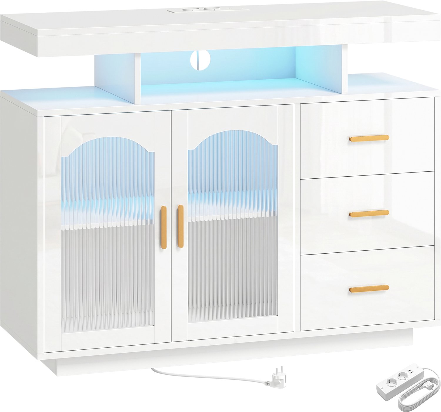 Homona Sideboard met led-verlichting - Met 3 lades, open schappen en 2 acryl deuren - Inclusief stopcontacten en USB-aansluiting - 100 x 35 x 80 cm - Wit