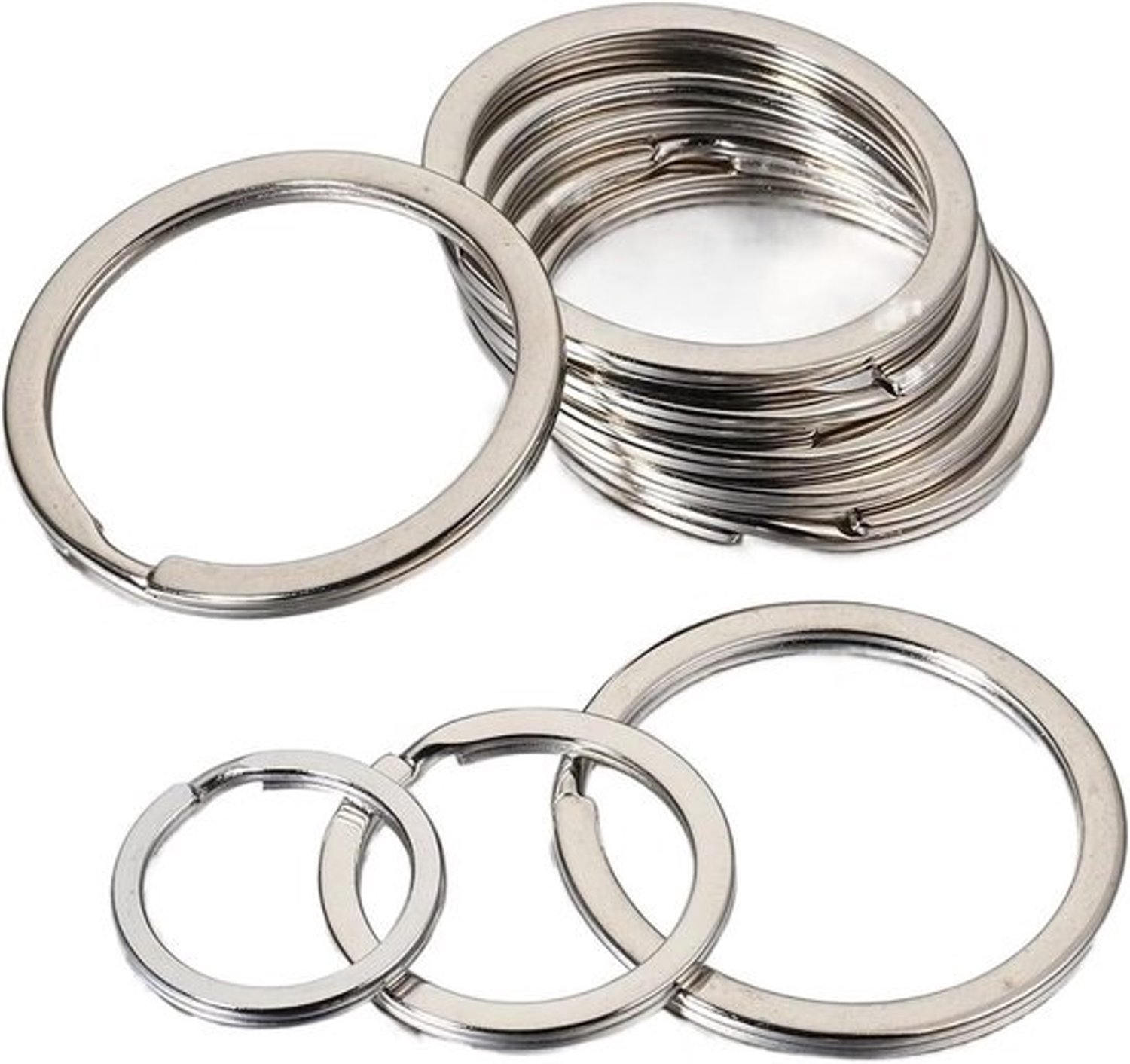 Set sleutelringen - Ronde hangers - Voor het organiseren van sleutels - Plat gespleten ontwerp - 50 stuks in meerdere maten - Rhodium