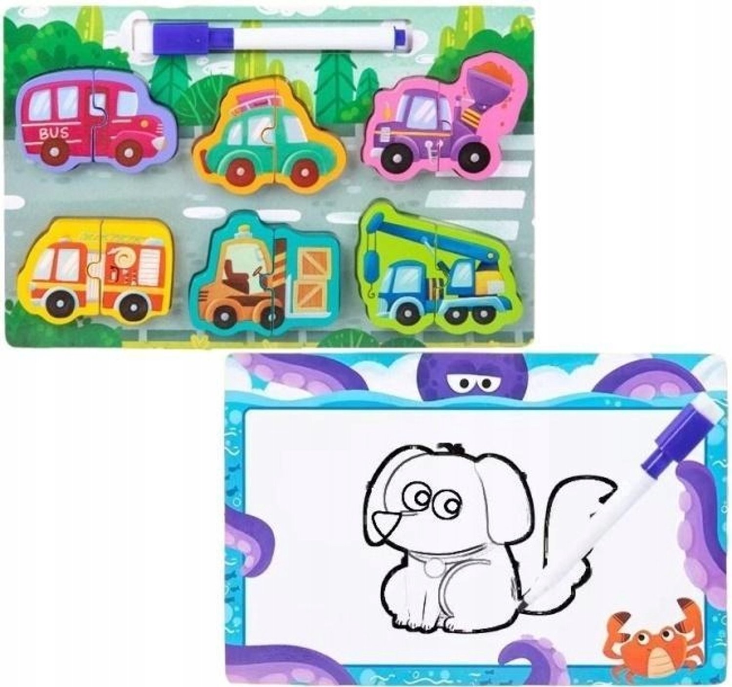 Houten Puzzel 2-in-1 met Whiteboard & Voertuigen - Leerzaam Speelgoed