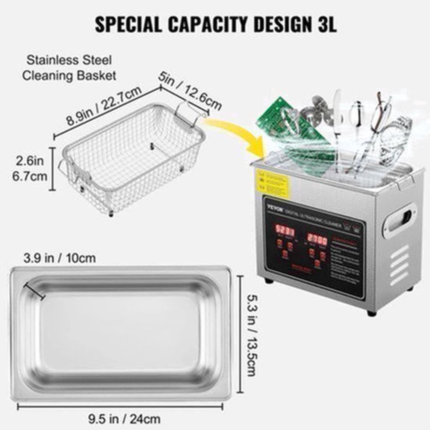 Ultrasoon reiniger - Draagbaar - Reinigingsapparaat voor Sieraden en Brillen - Capaciteit 6L - RVS - 33-40 kHz - 220V - Zilver