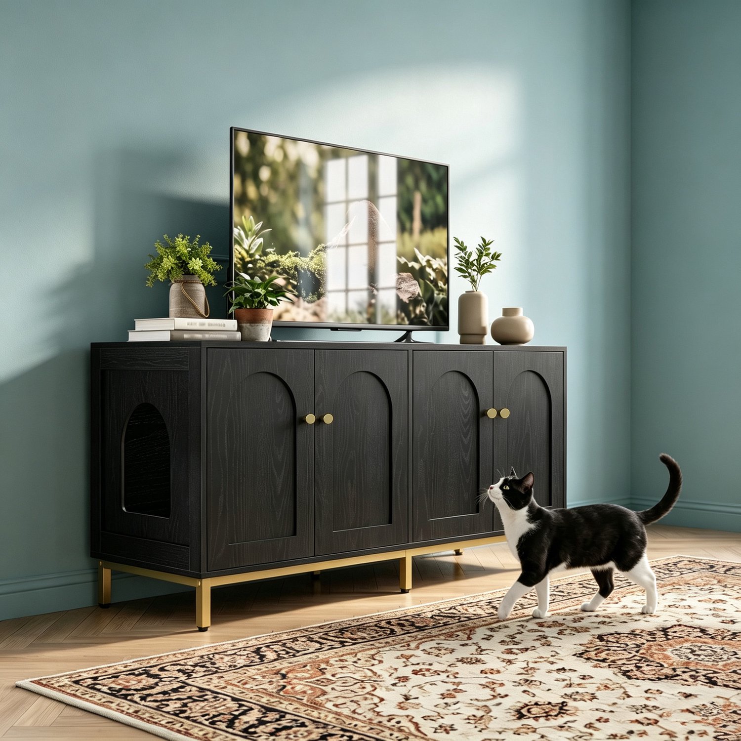 HILINSIE Kattenbakmeubel - verstevigd - 2 aparte vakken - grote capaciteit - verborgen kattenbak - voor 2 katten - multifunctionele opbergkast - zwart-118.2× 49.2 × 60.2cm