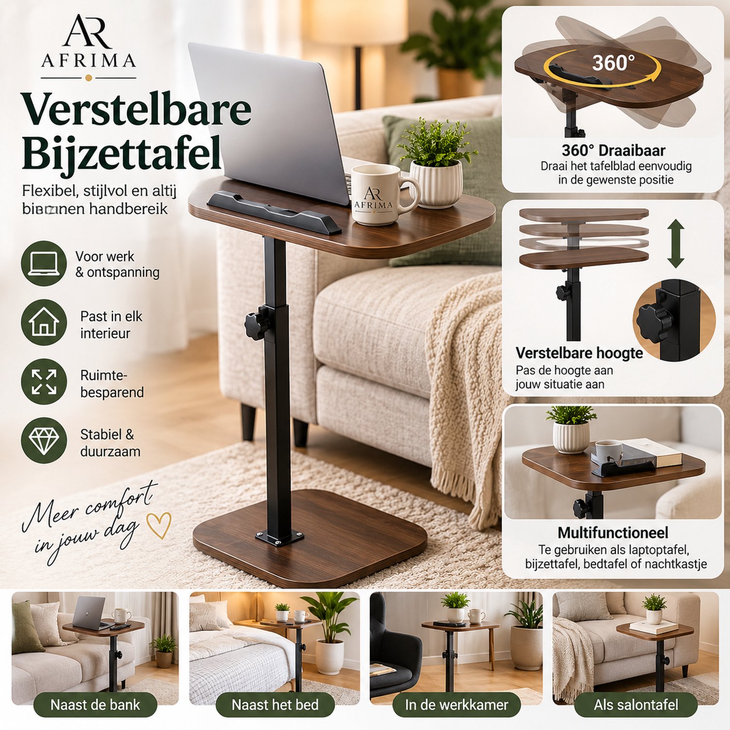 AFRIMA 2 stuks Verstelbare Bijzettafel – 360° Draaibaar – Laptoptafel & Salontafel – Multifunctionele Bedtafel/Nachtkastje – Ruimtebesparend